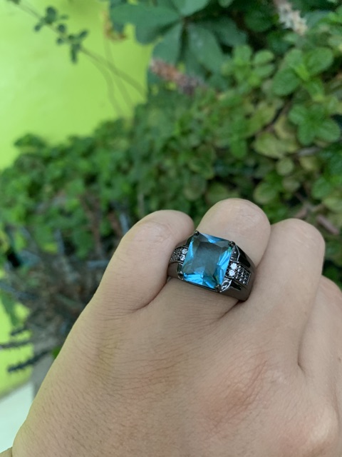 Cincin Casual Pria Akik Topaz Sky Blue Aquamarine Ring Hitam 18 K Gold Filled