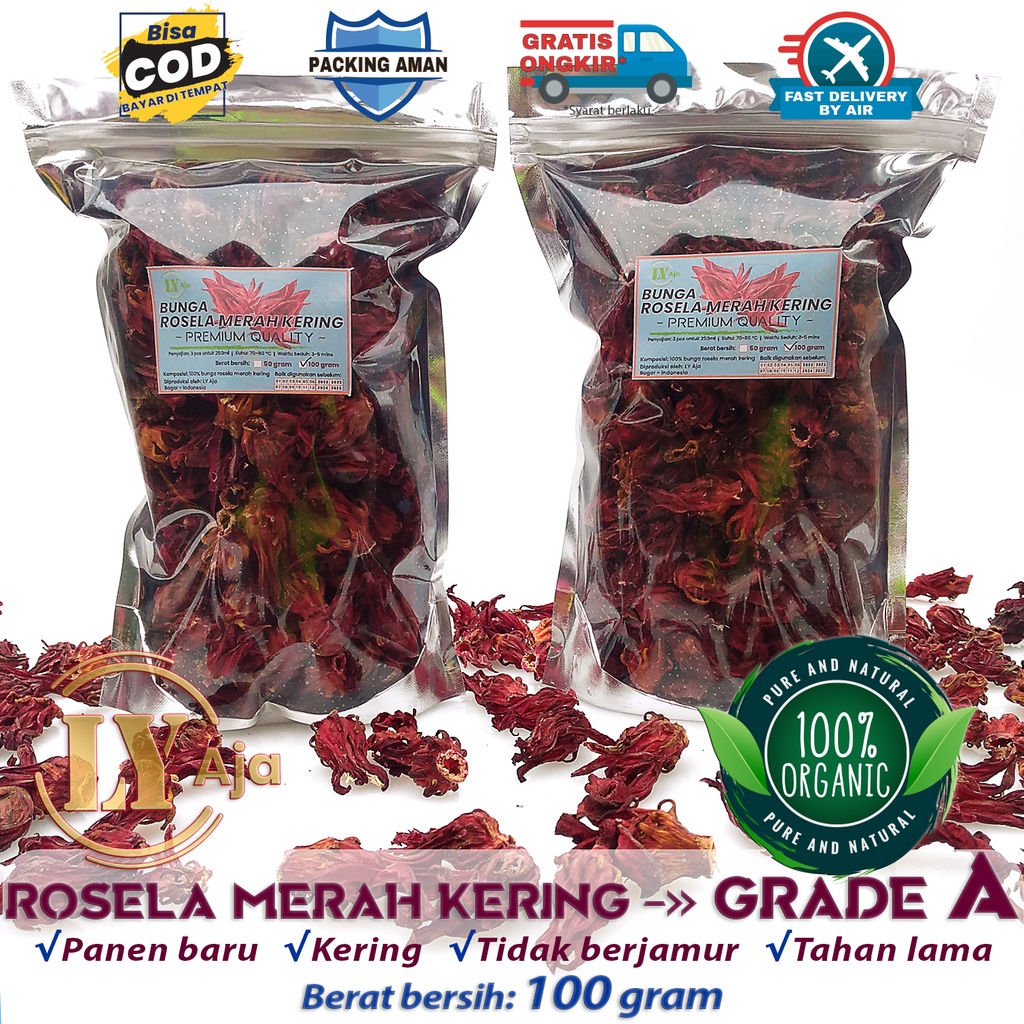 Teh Bunga Rosella Merah Rosela Ungu 100 gram LY Aja Kering Grade A