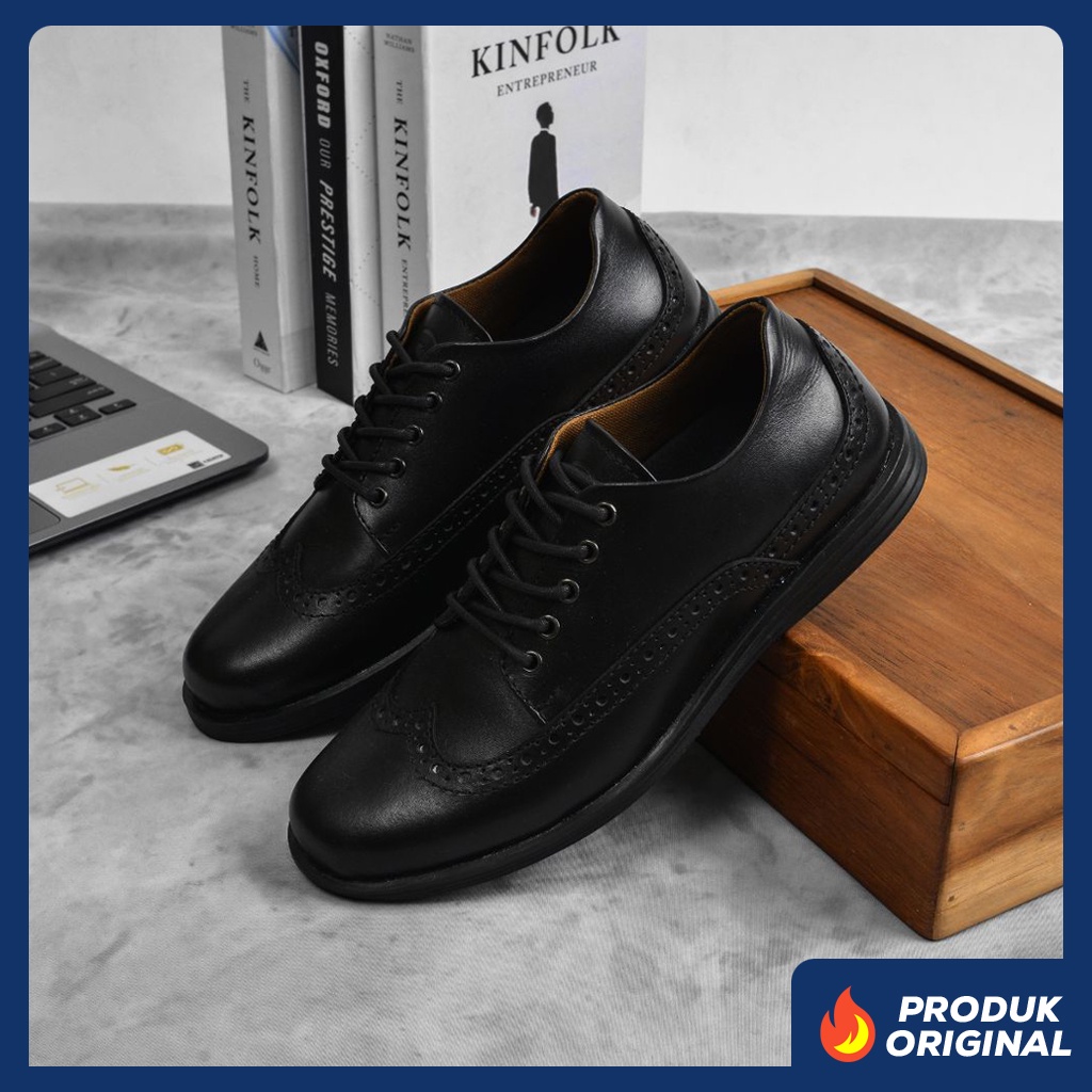 HALSTEN BLACK ORIGINAL x GREATA Sepatu Kulit Sapi Asli Hitam Pria Formal Pantofel Tali Kerja Kantor Dinas Resmi Guru Kantoran Pesta Undangan Kondangan Wedding Wisuda Kuliah Semi Casual Brogue Wingtip Derby Oxford Genuine Leather Men Footwear Keren Terbaru