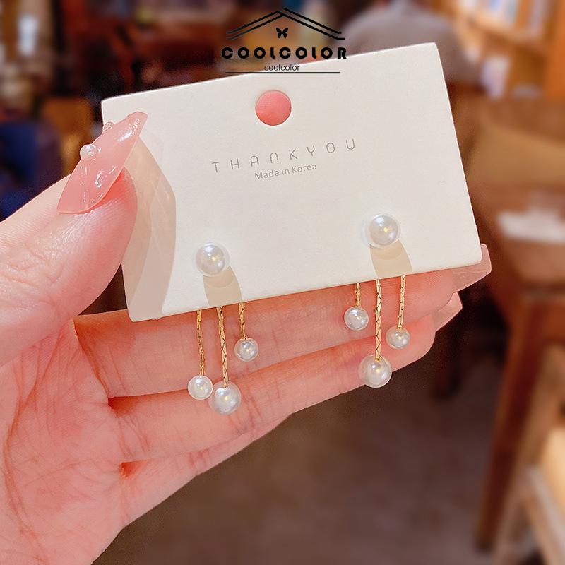 COD Anting Pearl Back Hanging Silver Needle Earrings Temperamen All-Match Anting Wanita Halus- cl