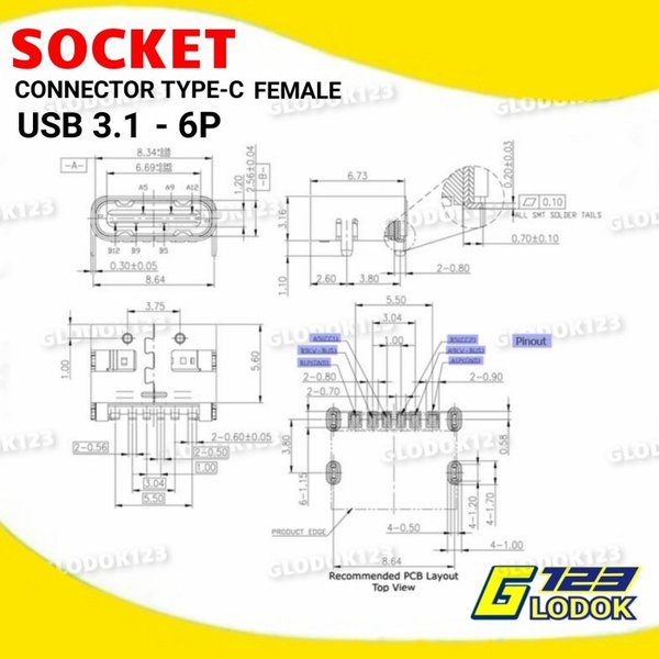 Socket Konektor Soket USB 3.1 Type C Female 6Pin PCB SMT HD Connector