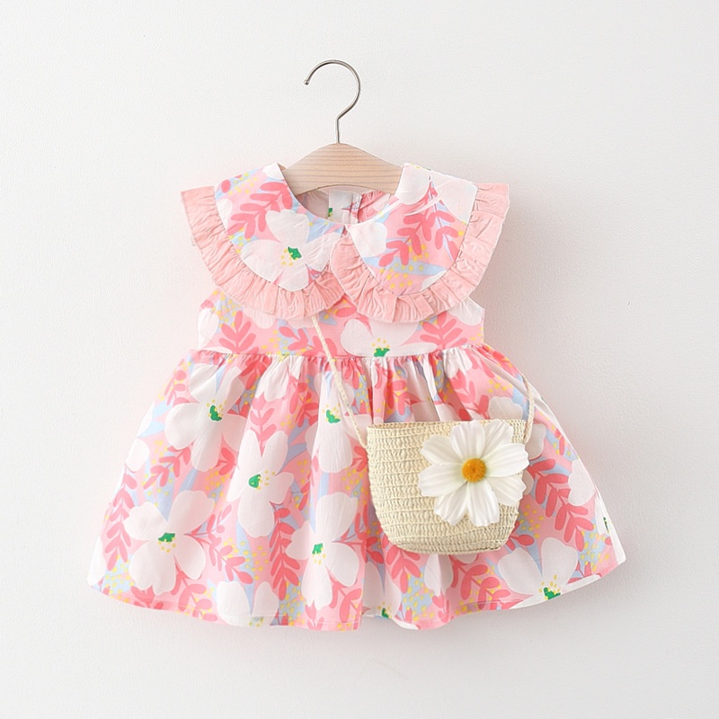 BIBUB - G39 DRESS BAYI PEREMPUAN ORI CASUAL DENGAN TAS STRAW BAG MOTIF BUNGA BUNGA ORI / BAJU PANTAI