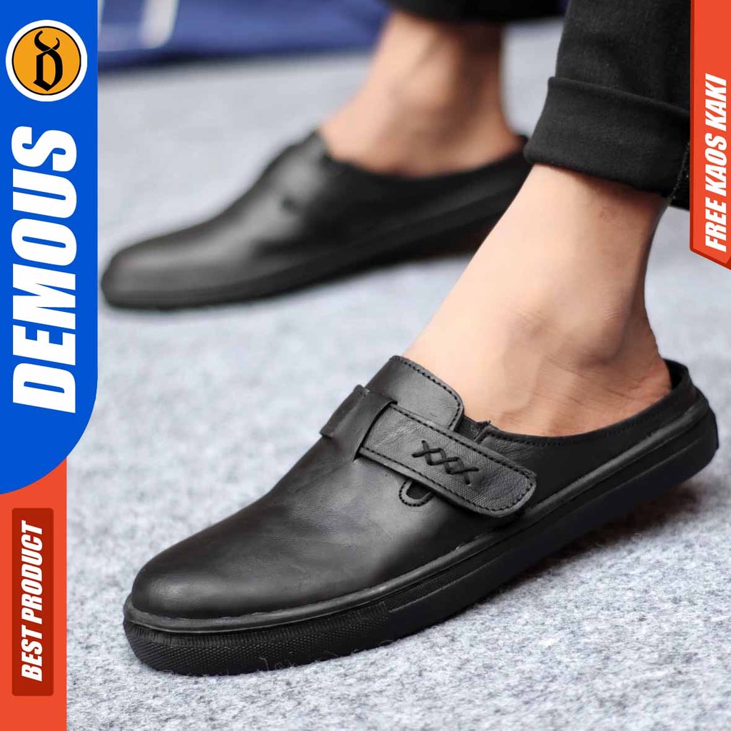 DEMOUS ZLOP Sepatu Sandal Kulit Bustong/Tutong Hitam Pria