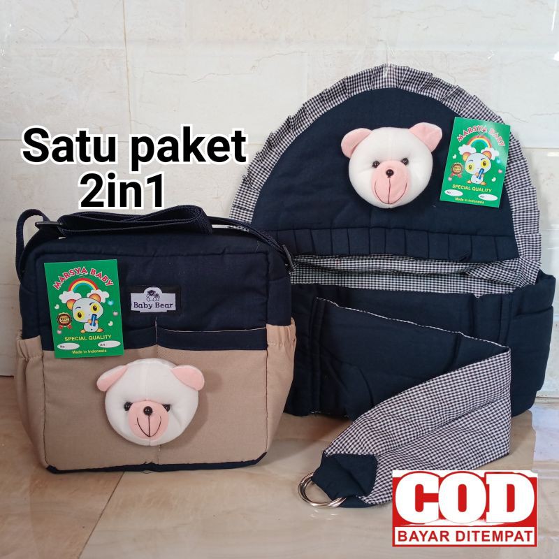 Paket Tas bayi Boneka BERUANG dan gendongan Samping Topi Boneka BERUANG