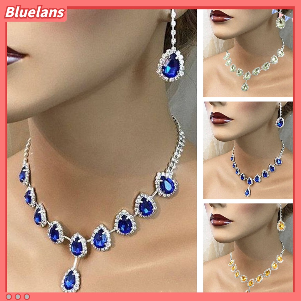 1 Set Kalung Anting Berlian Imitasi Bentuk Tetesan Air Untuk Wanita