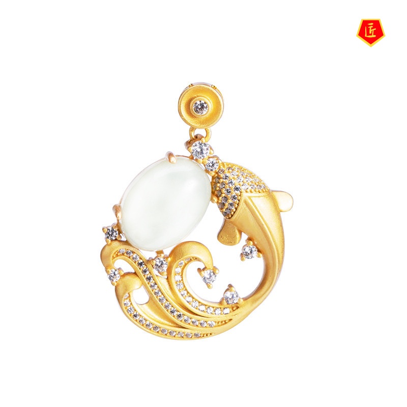 [Ready Stock]Hetian Jade Personality Full Diamond Gold Carp Pendant for Women