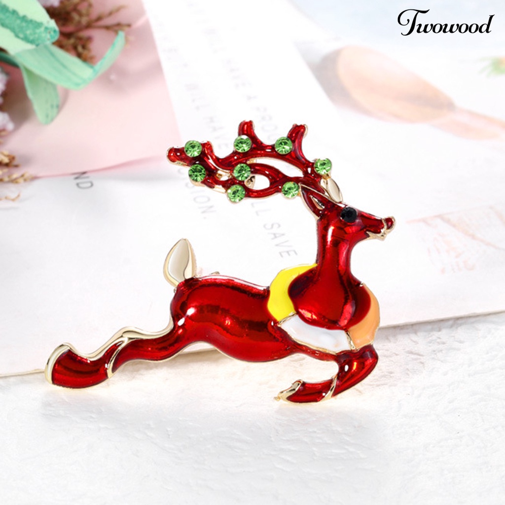 Twowood Christmas Deer Shape Brooch Pin Rhinestone Alloy Cute Animal Elk Red Enamel Pin Friends Gift