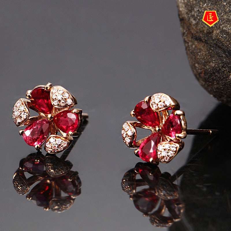 [Ready Stock]Elegant Graceful Ruby Stud Earrings 18K Rose Gold