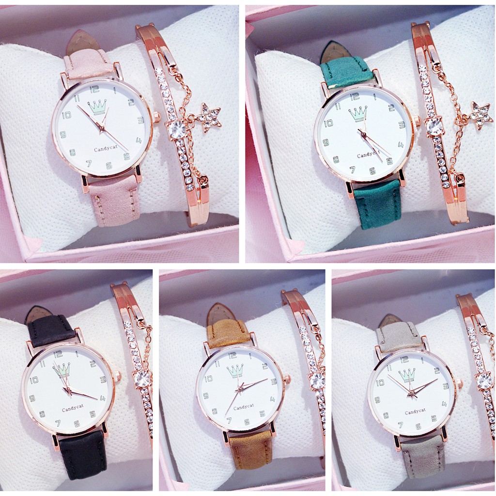 Jam Tangan CandyCat Motif Mahkota Untuk Wanita Analog Quartz Fashion Korean Import