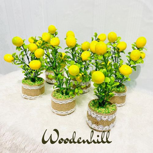 furniture hiasan rangkaian bunga buah lemon plastik artifisial dengan pot goni yg lucu , unik dan aesthetic