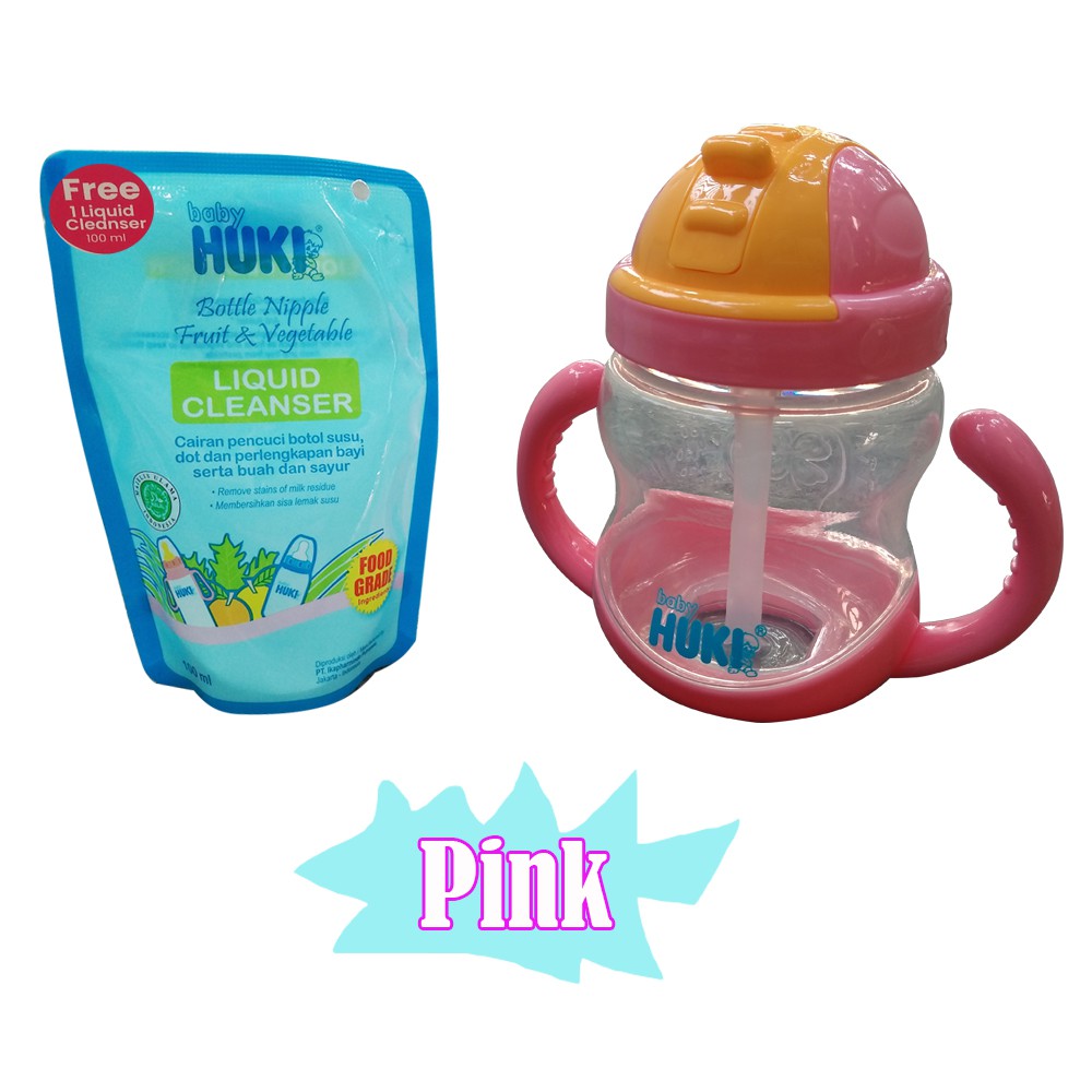 Training CUP BABY HUKI Gelas bayi untuk belajar minum seandiri with Straw Sedotan Silikon yang Lembut belajar gagang pegangan baby weaning glass