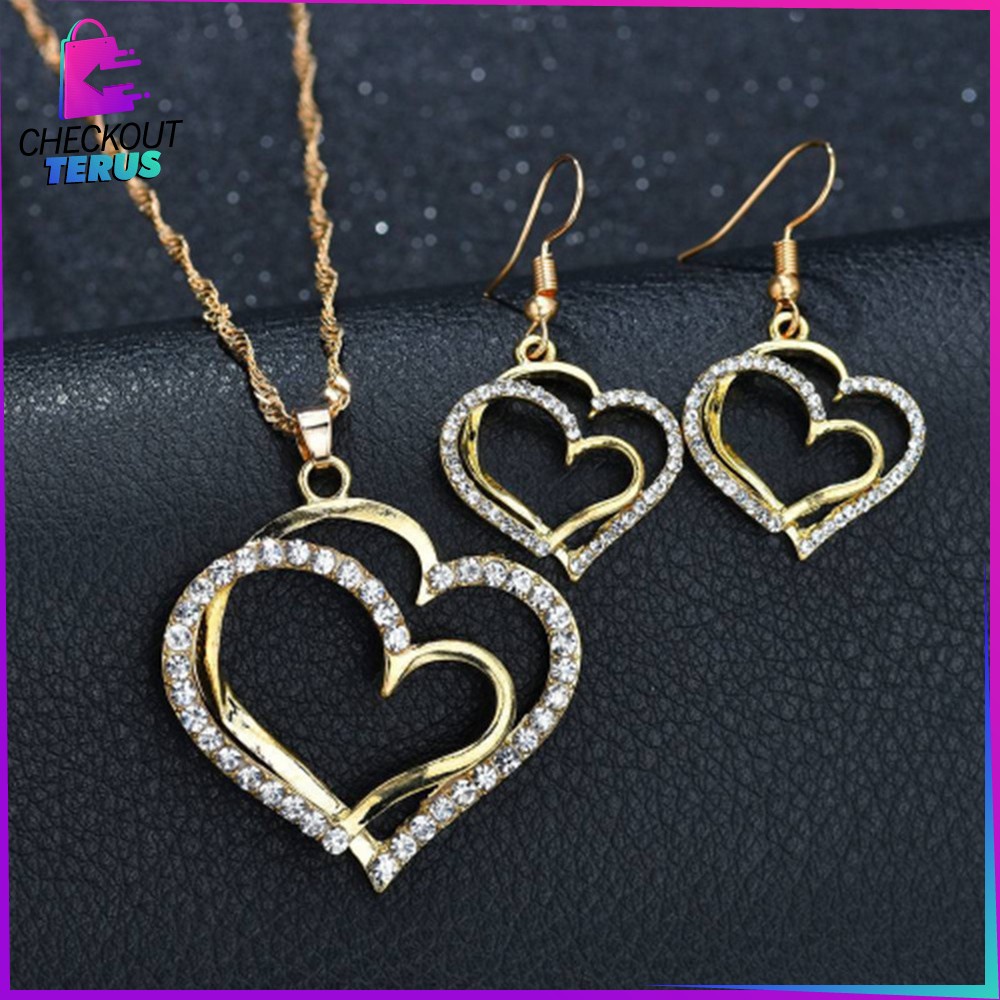 CT K120 Kalung Anting Set Motif Hati Kalung Rantai Anti Karat Aksesoris Fashion Wanita Korea Kalung Rantai