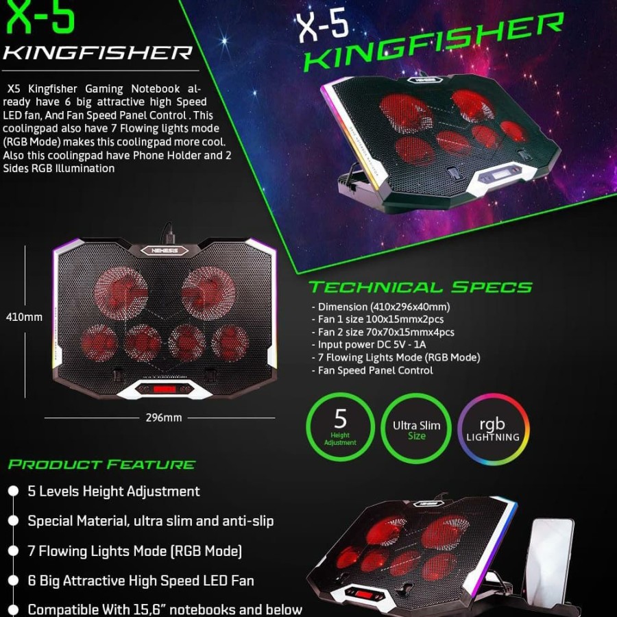 Nyk Nemesis Gaming Cooling Pad X5 Kingfisher with 6 Super Fan