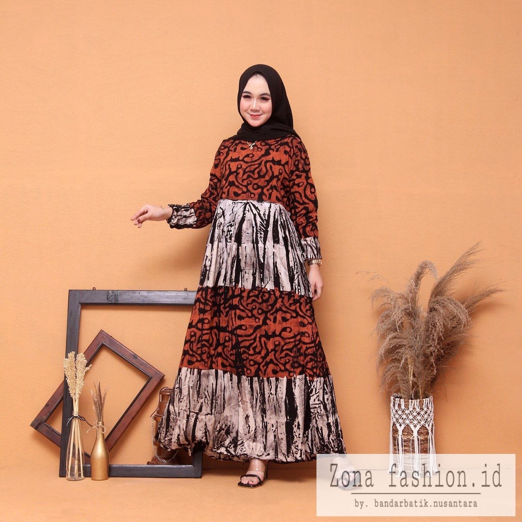 ZONA Baju Gamis Wanita Terbaru dress wanita Muslim Rayon Premium Gamis Bermotif Batik abstrak-Galar Kombinasi