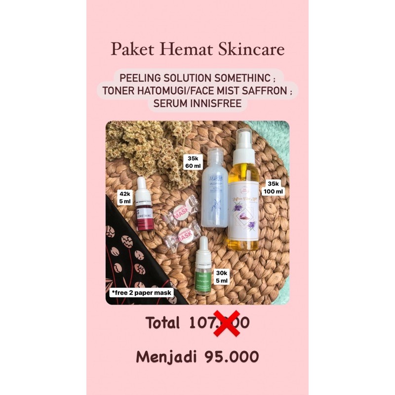 Paket Hemat Skincare (Hatomugi, Face Mist Saffron, Peeling Solution, Serum Innisfree)