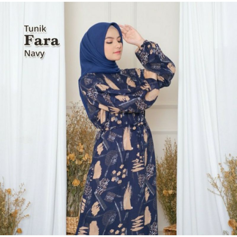 Tunik Dress Wanita Motif Cantik Biru Navy Bahan Rayon Fara Besar Ukuran Jumbo Lengan Panjang