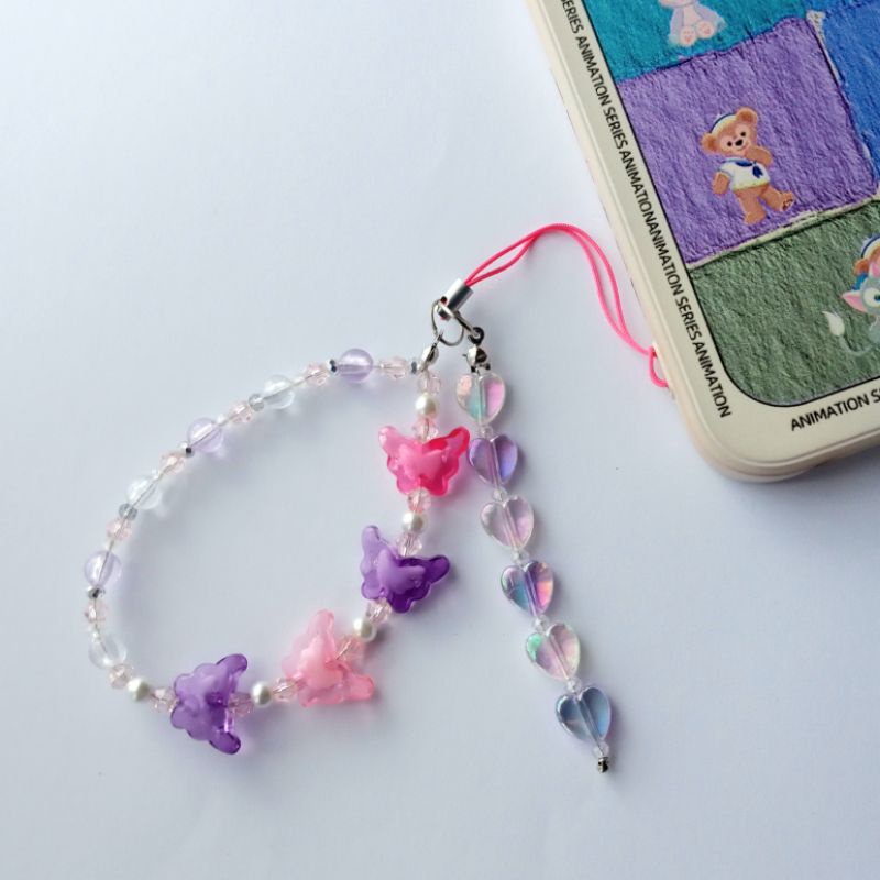 Keyring/Gantungan Hp/Gantungan binder soft pink dan ungu dengan love dan kupu-kupu Lucu