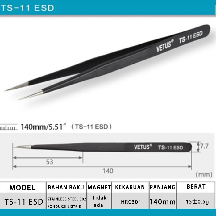 Pinset Vetus tweezer larus lancip stainless Tweezer TS-11ESD / Pinset Vetus / Pinset Vetus Original / Pinset Vetus Ori / Pinset Vetus Tweetzer / Pinset Eyelash / Pinset Bulu Ketiak / Pinset Bulu Mata / Pinset Vetus Stainlees Tweezers Anti Static ESD