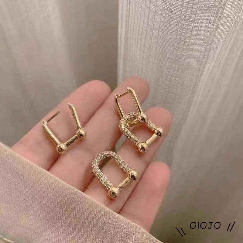 Fashion Bertatahkan Zirkon Berbentuk U Anting-Anting Emas Cincin Ganda Saling Geometris Dilepas Retro Telinga Stud Minoritas Perhiasan Untuk Wanita - ol