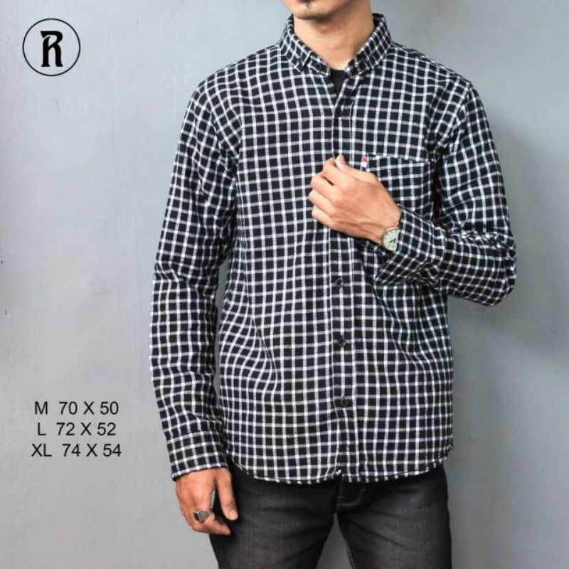 YB Kemeja Flanel Pria Slim Fit Lengan Panjang Motif Kotak Model Long Sleeve Check Grey Black