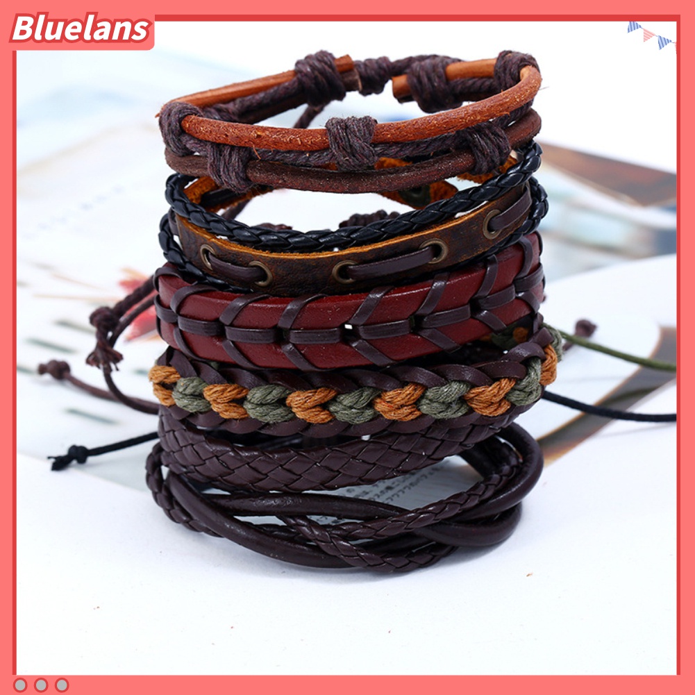 Bluelans 6Pcs / Set Gelang Tali Kepang Bahan Kulit Imitasi Gaya Vintage Untuk Pria