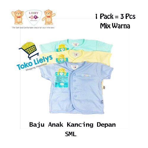 3pcs LIBBY Baju Anak Kancing Tengah Lengan Pendek Polos Warna Size SML