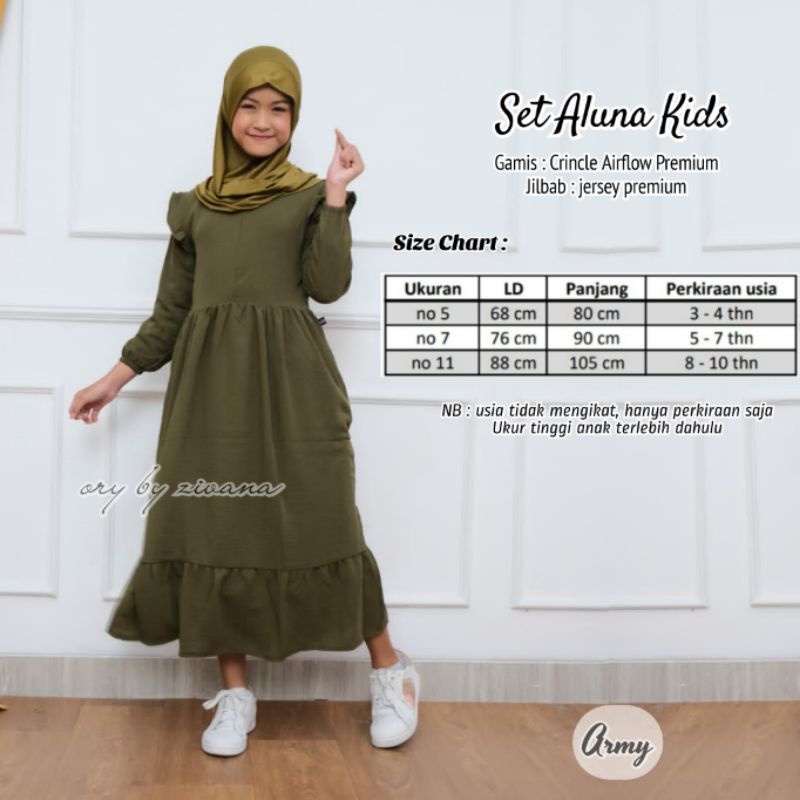 Set Aluna Kids (Gamis Anak + Jilbab) Crincle Umur 3 - 10 thn