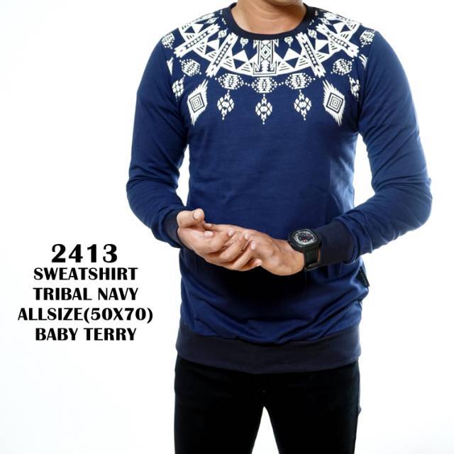 JJS Kaos Lengan Panjang Pria Navy Tribal Baju Cowok JJS Kaos Lengan Panjang Pria Navy Tribal Baju Cowok