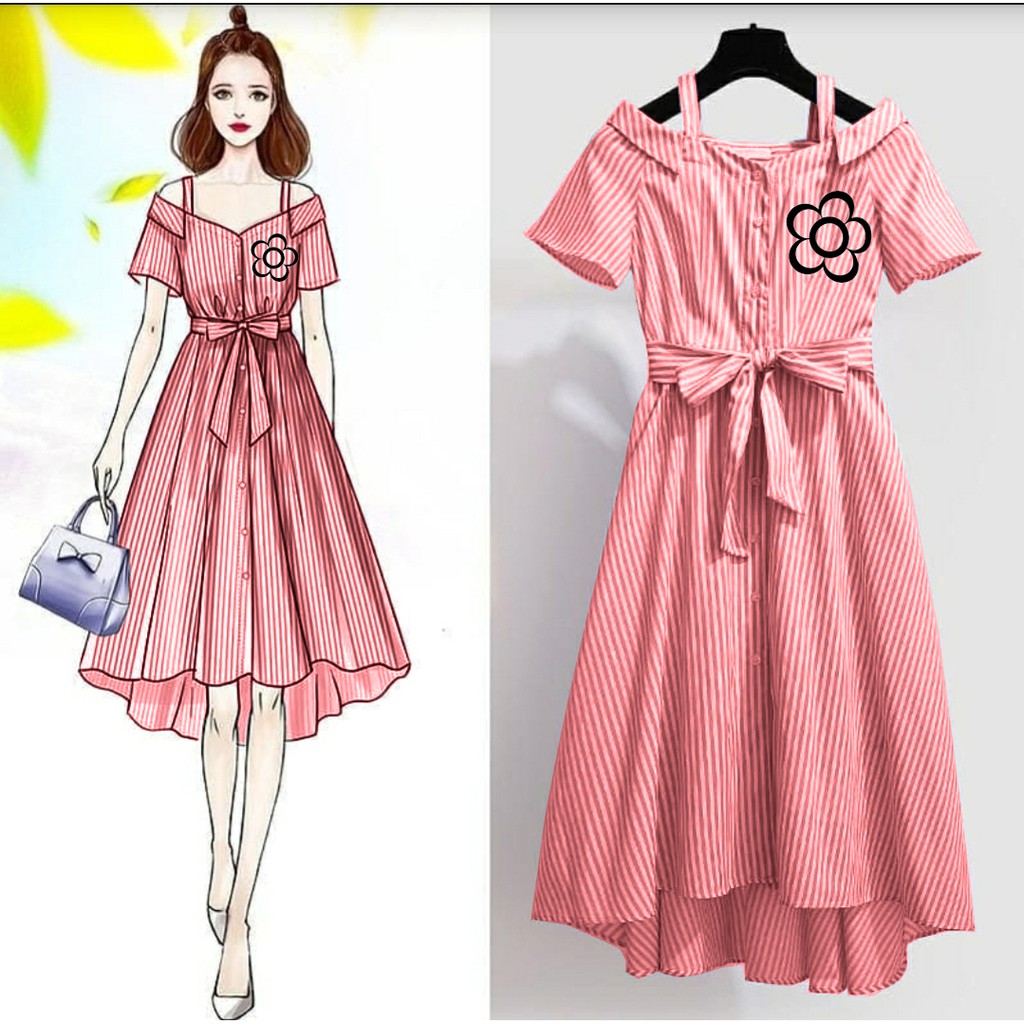 *[MCFK] Dress Stripe Flower Sabri Korea / Dress Wanita Korea / Dress / Casual Dress Wanita