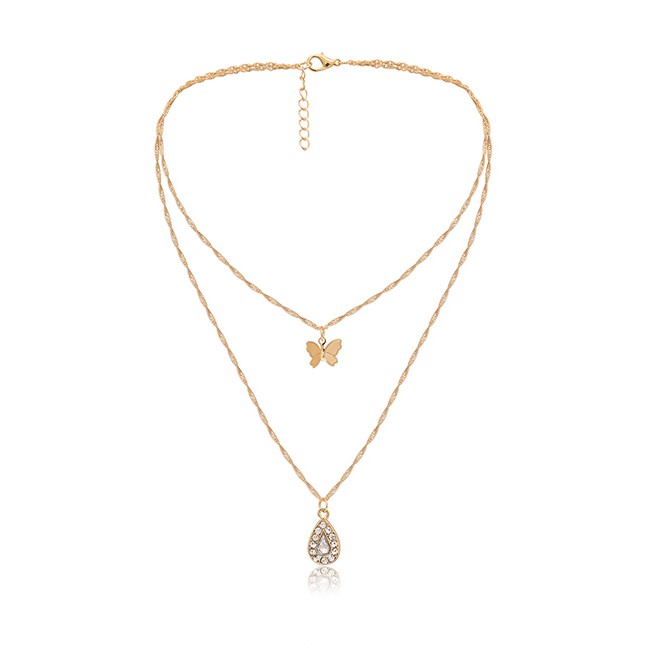 LRC Kalung Fashion 2711 Butterfly Double Drop Necklace With Diamonds D67619
