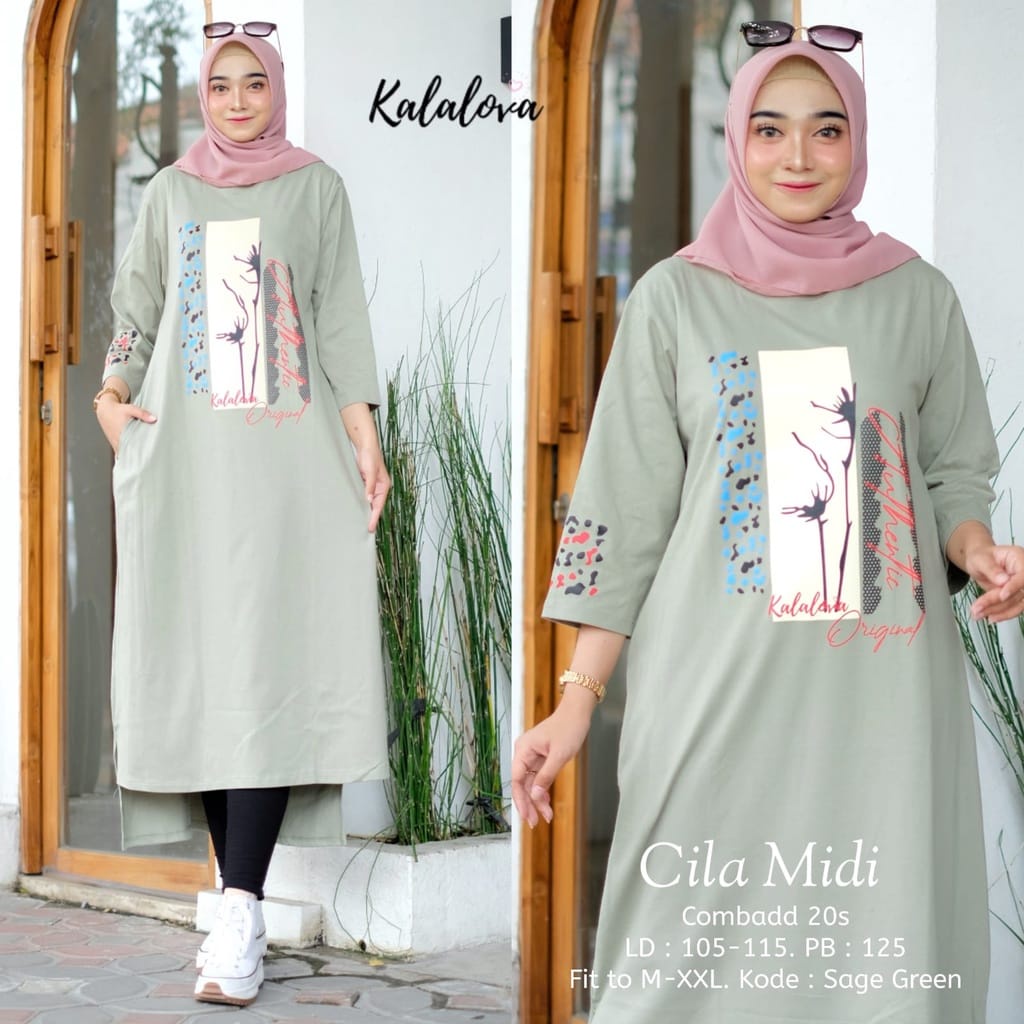 Cila Midi Dress Korea Muslim Baju Kaos Wanita Jumbo Ootd Kekinian Gamis Remaja Matt Combed 24s