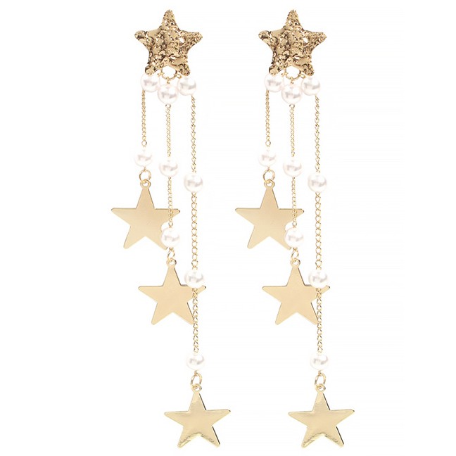 LRC Anting Tusuk Fashion Gold Alloy Star Rhinestone Artificial pearl Tassel Earrings D46166