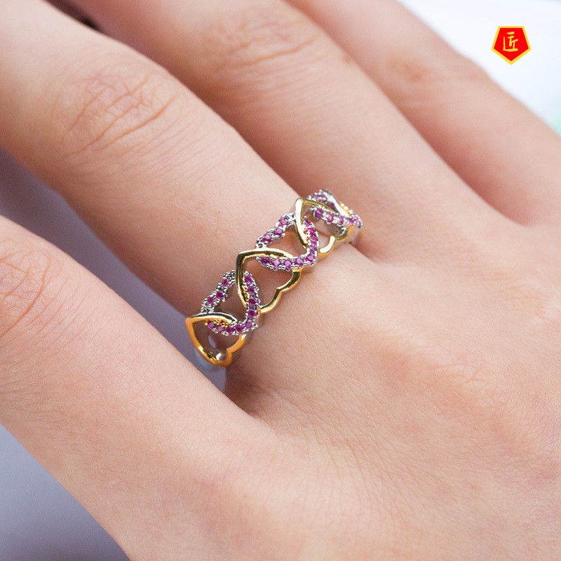 [Ready Stock]Simple Heart-Shaped Ring Inlaid with Colorful Zircon