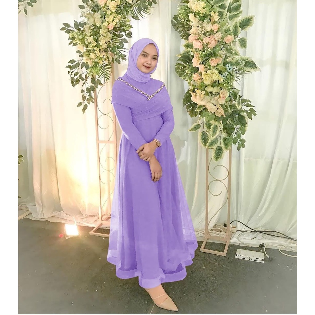 ELDE 12 - DRESS MAXI PRICILLA SIZE M L XL bahan moscrepe aplikasi mutiara tembak mewah dibawah mostcrepe lapis organza full keliling sleting dan karet blkg-7