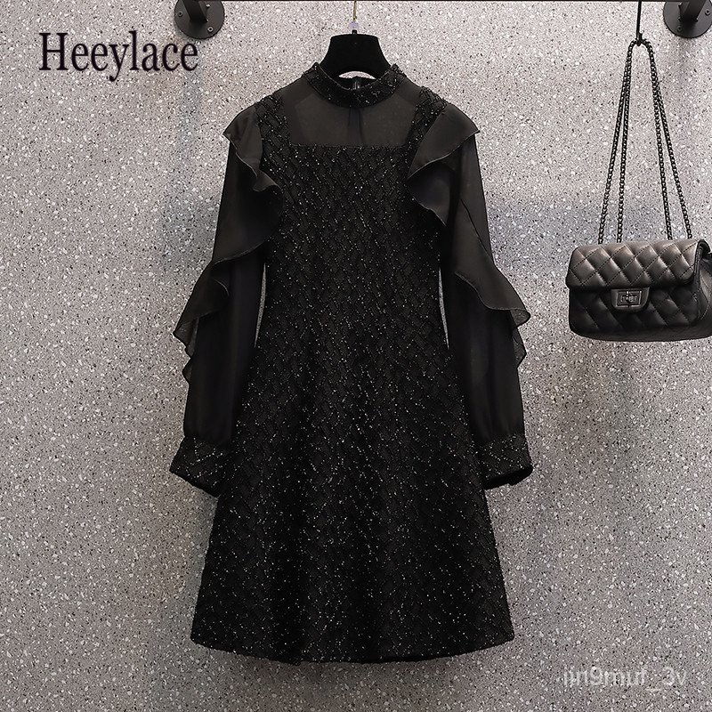 Plus Size 4XL Women Vintage Tweed Black Dress Ruffle Mesh Patchwork Long Sleeve Sequin Mini Party Dr
