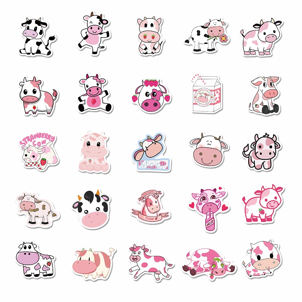 50pcs Stiker Kartun Sapi Pink Lucu Anti Air Untuk Dekorasi Laptop / Gelas Air / Gitar