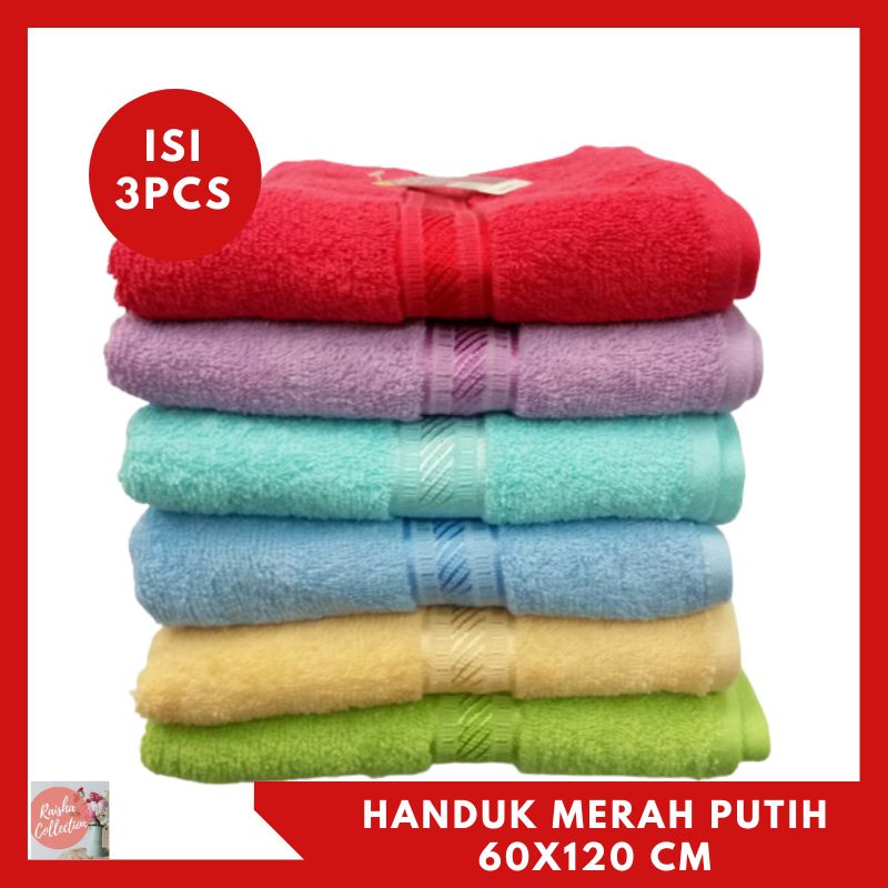 Rc Paket Handuk Merah Putih Uk.60x120cm Isi 3 Warna Random