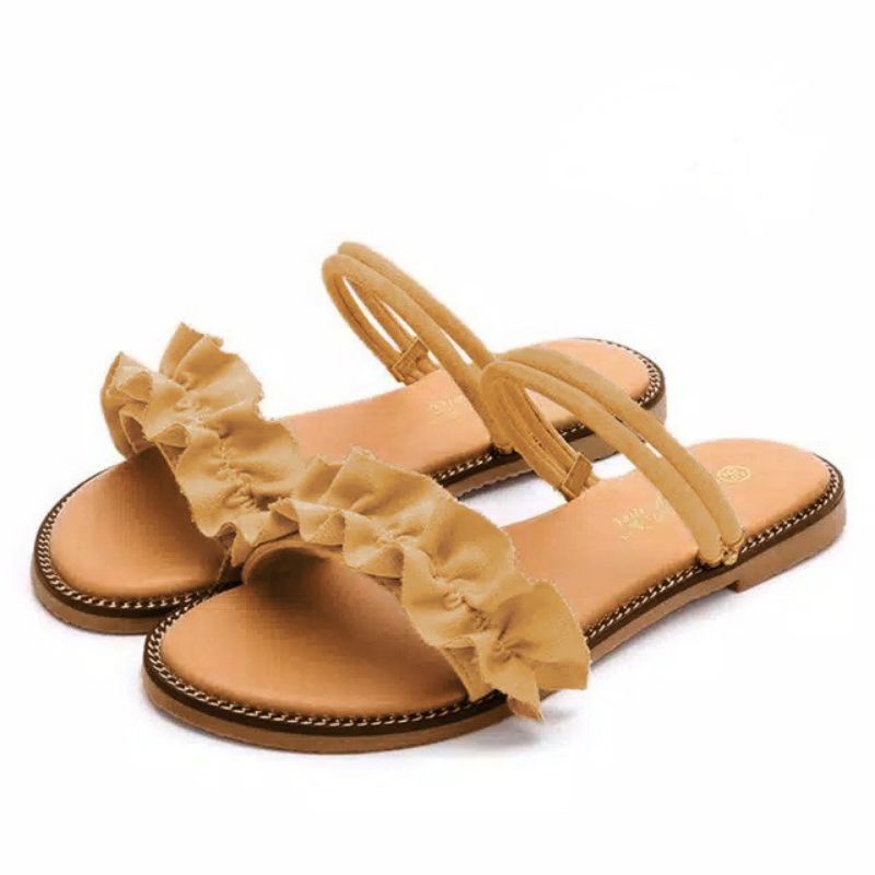 Sandal Flat Wanita Kokop Kerut Tali Belakang