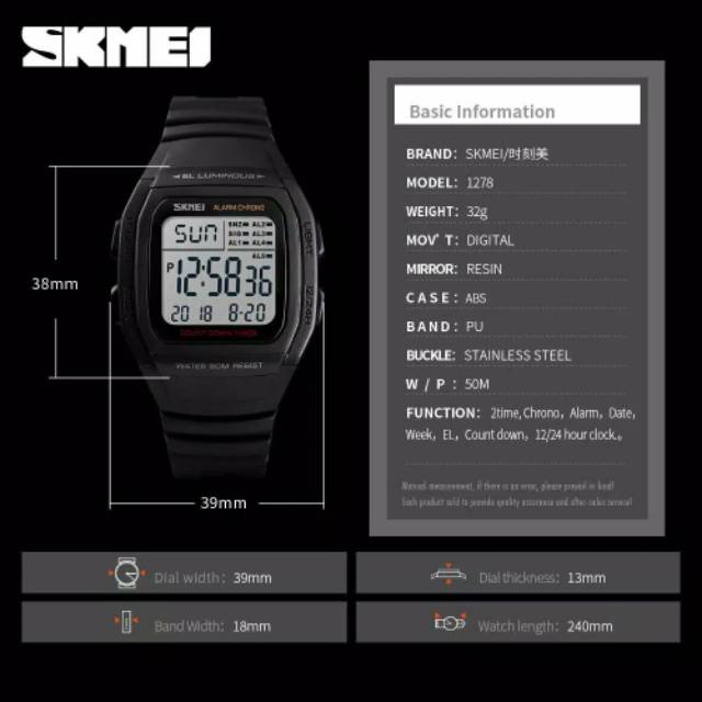 JAM TANGAN PRIA SKMEI 1278 ORIGINAL DIGITAL TIME WATERESISTAN 50ATM/JAM TANGAN SKMEI STRAP KARET LENTUR ANTI PATAH/Jam Tangan Pria Digital SKMEI 1278 Black Water Resistant 50M