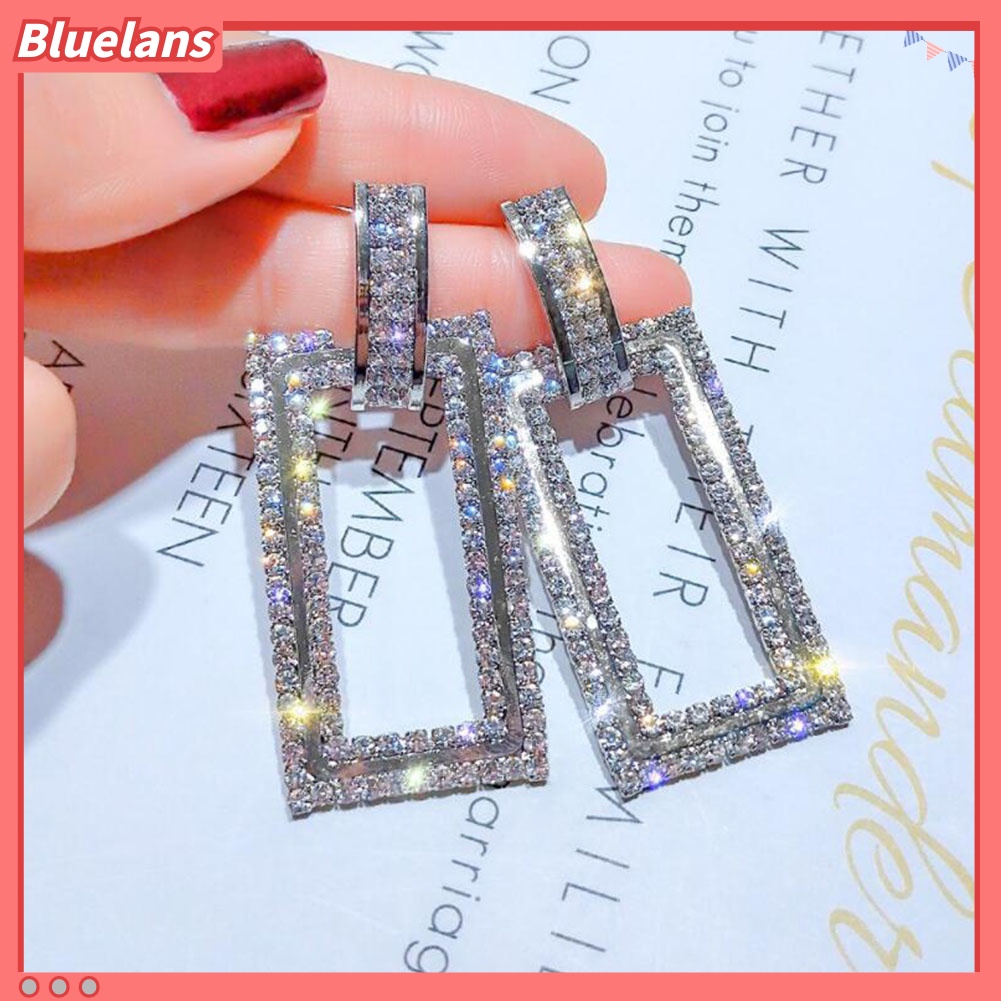 Bluelans Women Rhinestone Inlaid Hollow Rectangle Dangle Ear Stud Earrings Jewelry Gift