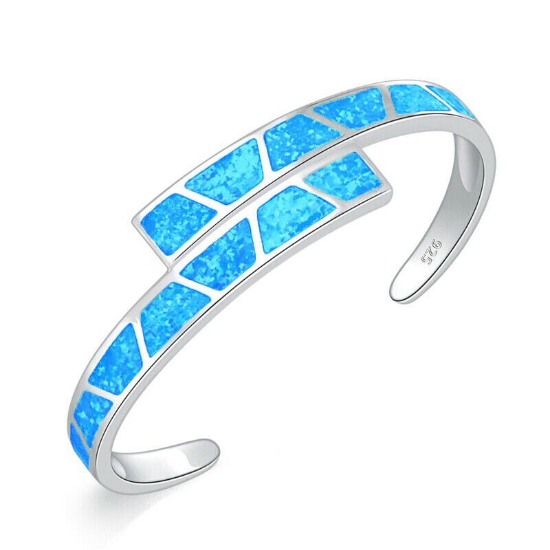 Blue &amp; White Fire Opal Stone Open Bangle 925 Silver Adjustable Double Multilayer Bracelet Summer Party Jewelry Female