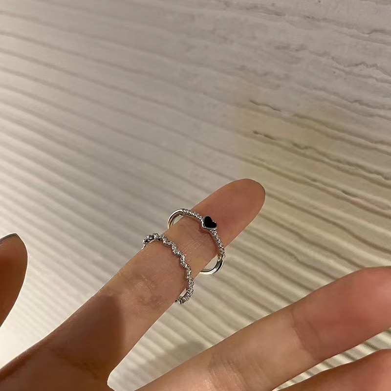 2 dalam 1 Cincin Hitam Enamel S925 Perak berbentuk Hati Perhiasan Fashion Wanita Set Baja Titanium Rings Ukuran Teleskopik