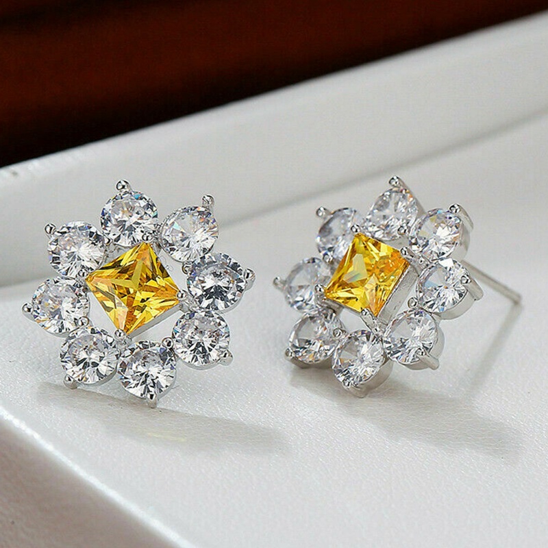 Yellow CZ Flower Earrings Female Bling Bling Wedding Engagement Party Ear Stud Luxury Silver Color Women Fashion Jewelry