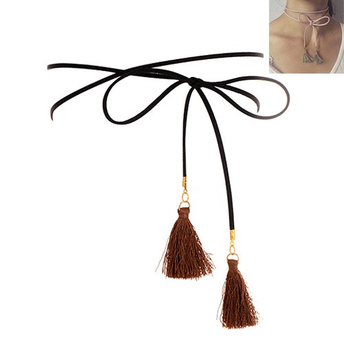 LRC Kalung Fashion Black Tassel Pendant Decorated Double Layer Simple Necklace