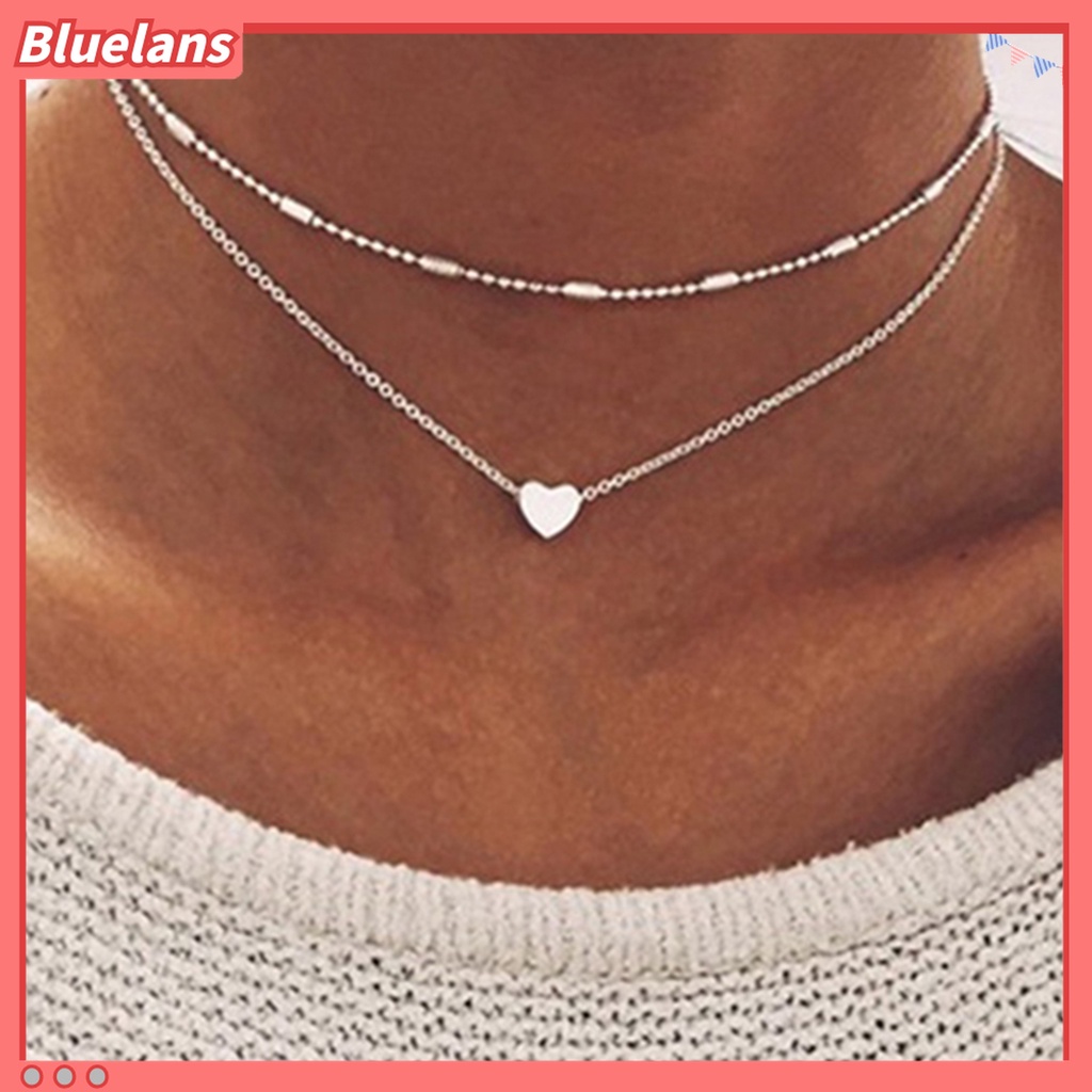 2pcs / Set Kalung Rantai Double Layer Bentuk Hati Bahan Alloy Untuk Kencan