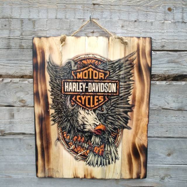 Lukisan Kayu Harley Davidson HD Logo Hiasan Dinding Kafe Cafe Resto Kado Garasi Garage Jadul