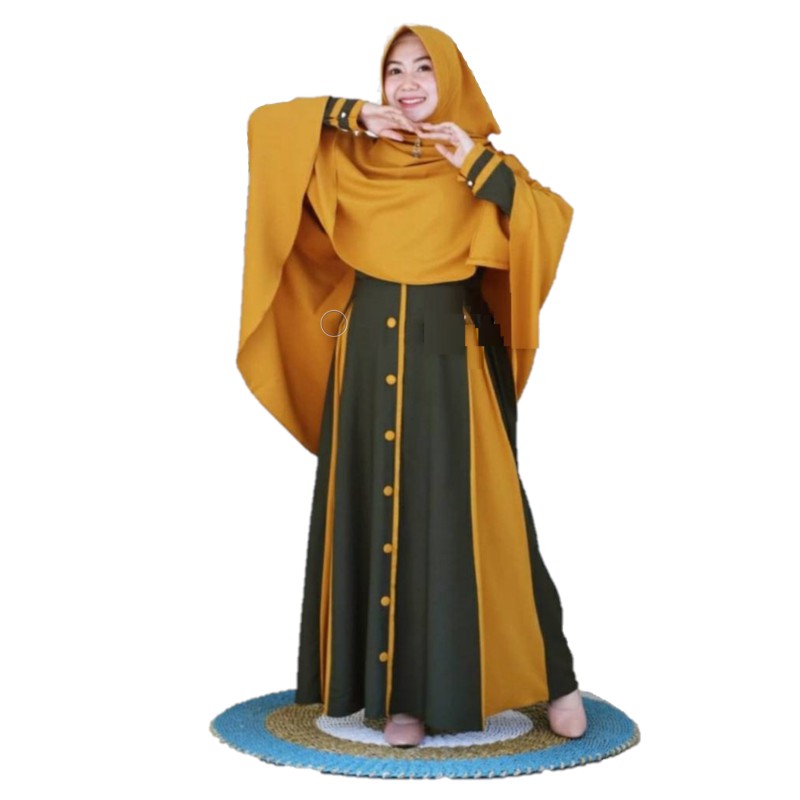 Baju Gamis Muslim Murah Syafina Syari Fashion Remaja Terbaru Moscrepe Terbaru Laris Wanita Kekinian-Khimar Mustard