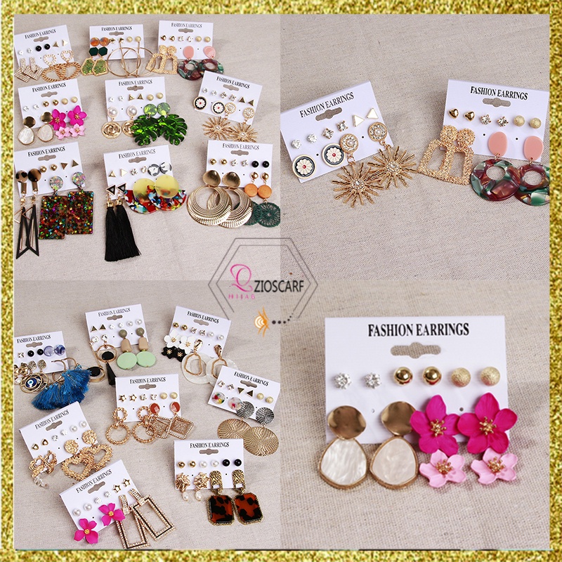 Anting Wanita korea 1set 6pasang Tusuk Gantung Desain Geometri Hias Rumbai Alloy Wanita ANT31