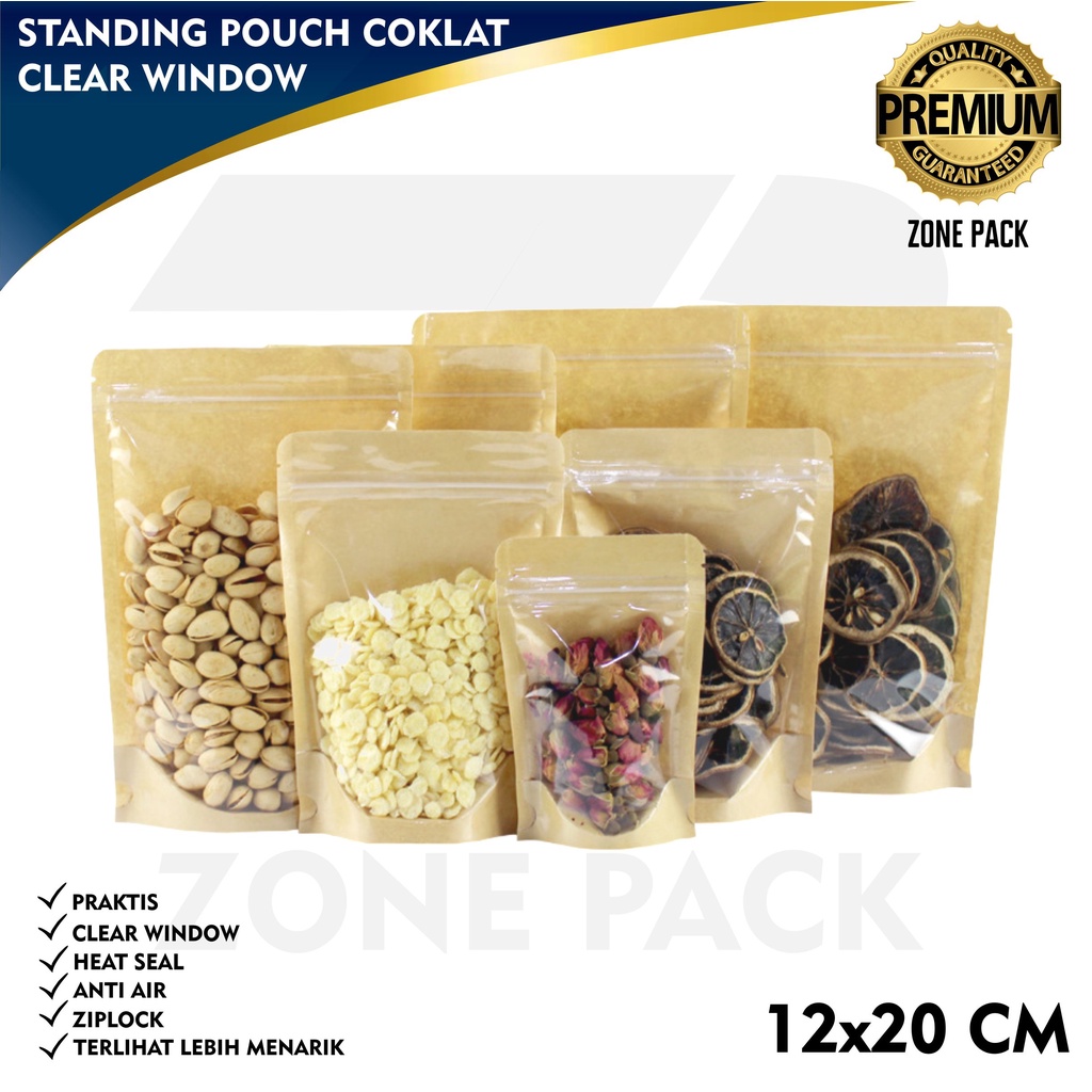 Standing Pouch Craft Full Clear Windows Warna Coklat Ukuran 12x20 | Kemasan Kopi | Kemasan Paper Zip