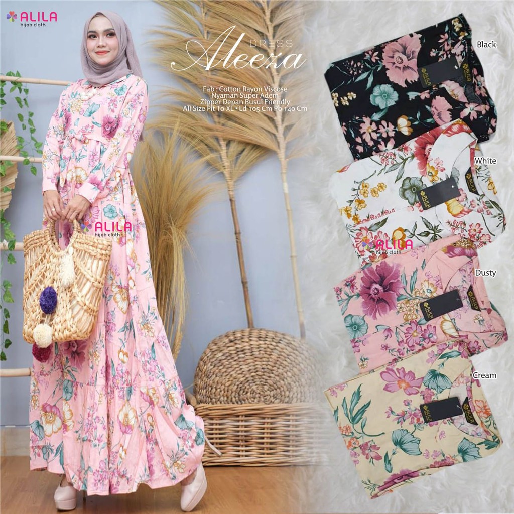 Fashion muslim longdress hijab gamis ALEEZA dress motif flower bunga